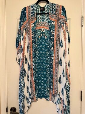 Teal, Orange, White Boho Print Kimono Shrug Cover Up-One Size